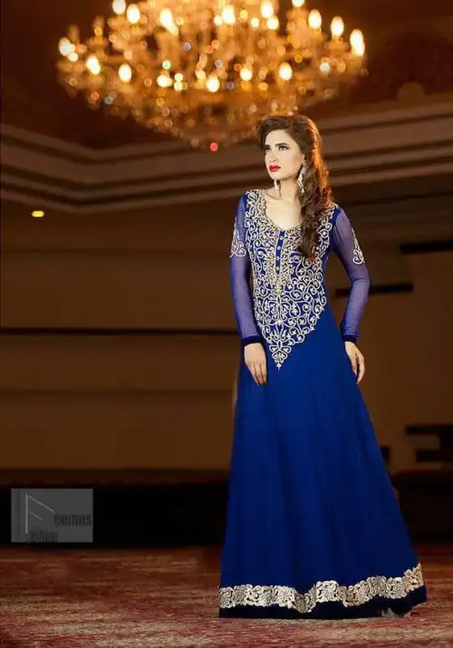 Royal Blue pure chiffon frock embellished with silver and light gold zardozi work which includes stones, kora and dabka mostly.