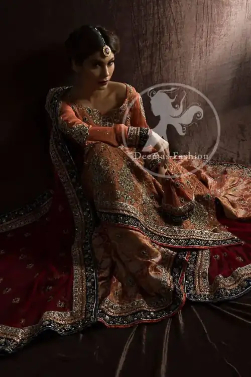Rust Orange Long Shirt Brocade Sharara Maroon Dupatta