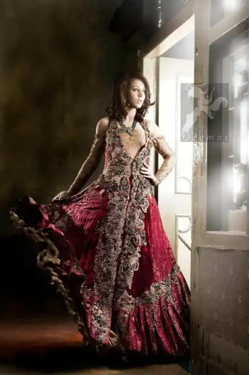 Latest Designer Wear Deep Red and Golden Double Layer Front Open Long Bridal Dress