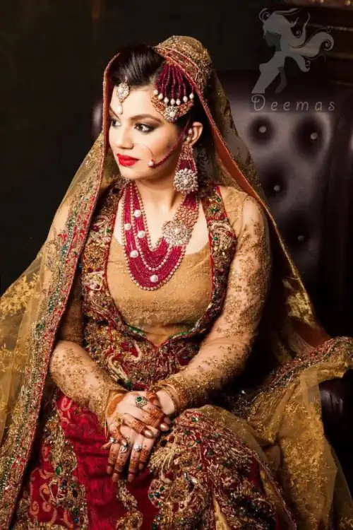 Designer Collection Deep Red and Golden Double Layer Front Open Long Dress