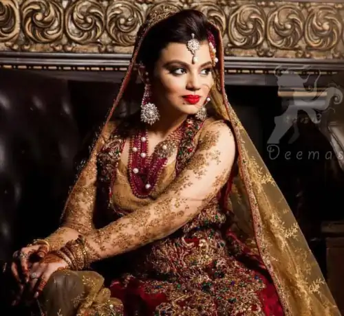 Latest Designer Collection Deep Red and Golden Double Layer Front Open Long Dress 2016