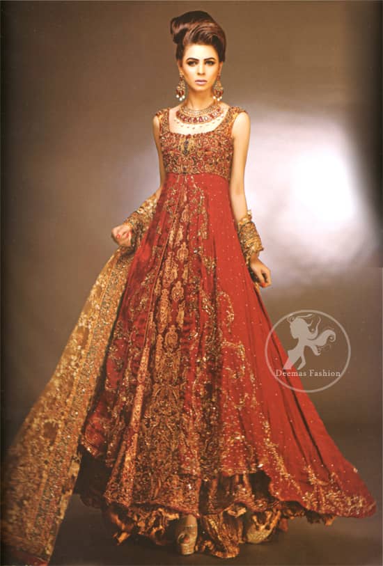 Red Double Layer Front Open Heavy Bridal Gown With Golden Sharara
