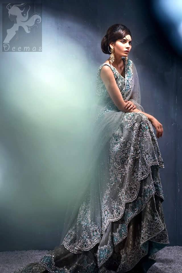 Designer Wear Light Grey Double Layer Back Trail Frock Lehenga Dupatta