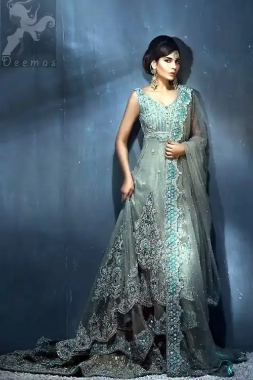 Light Grey Double Layer Back Trail Wedding Wear Frock with Lehenga and Dupatta