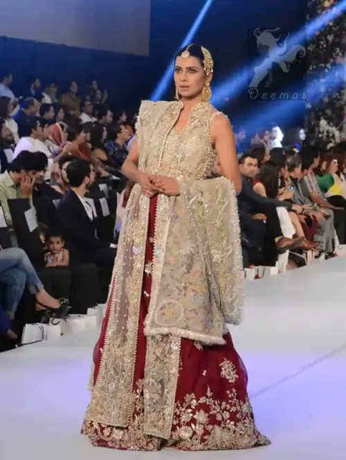 Latest Designer Wear Ivory White Bridal Blouse with Gown, Dupatta and Deep Red Lehenga