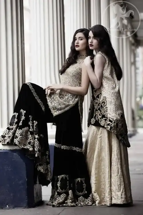 Latest Formal Black Jacket having Light Golden Embroidery with Banarsi Blouse and Lehenga