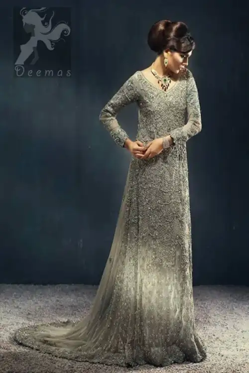 Light fawn full-length back trail maxi for Walima / Reception brides. Maxi features stunning embellishments all over the front. Embellished