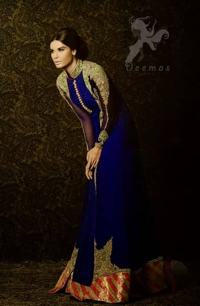 Royal Blue Front Open Designer Wear Pishwas