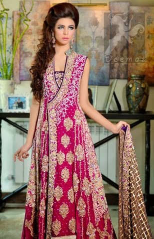 Shocking Pink Light Brown Andrakha Style Bridal Maxi with Embroidered Dupatta
