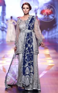 Silver Grey Bridal Dress - Short Shirt -Embroidered Sharara - Royal Blue Dupatta