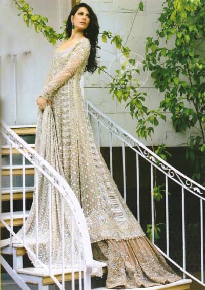 Beige Bridal Wear Frock and Dupatta with Light Brown Lehenga
