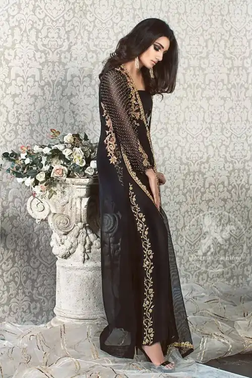 Black Party Wear Gown - Embroidered Cigarette Pants