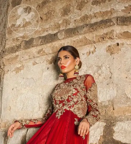 Bright Red Party Wear Embroidered Back Trail Maxi