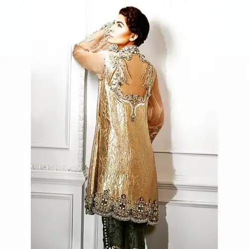 Pale Peach Front Open Gown - Gray Embroidered Capri Pants