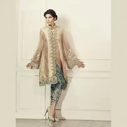 Pale Peach Front Open Gown - Gray Embroidered Capri Pants