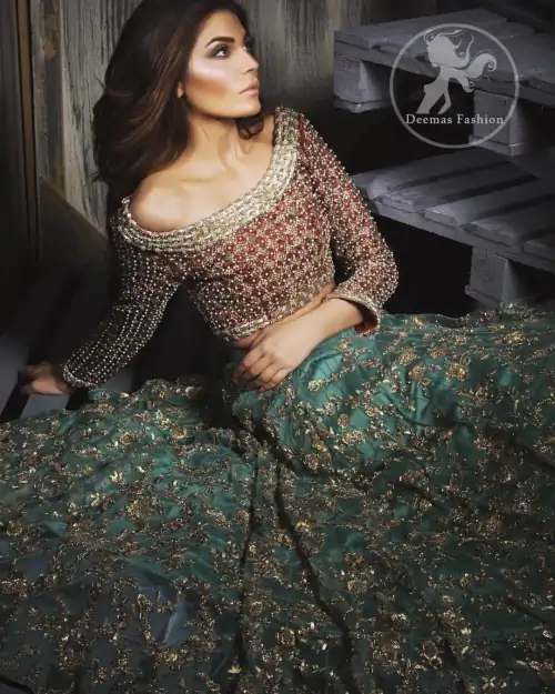 Deep Red Bridal Choli. Fully embroidered blouse.Embroidered full sleeves.Embroidered jaal scattered all over the front and back of the skirt.