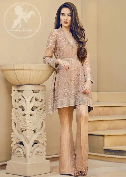 Light Brown Short Frock – Jamawar Bell Bottom Pants