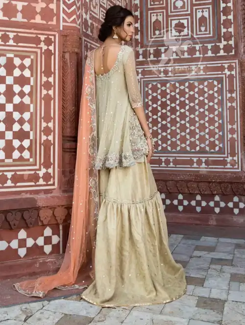Traditional Gharara. The frock features beautiful embellishments all over the frock. The dress contains a working border on the hemline.