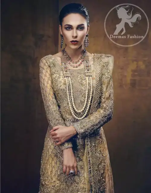 The straight shirt has been adorned with an embellished neckline. The shirt contains embroidered jaal all over. A large embroidered