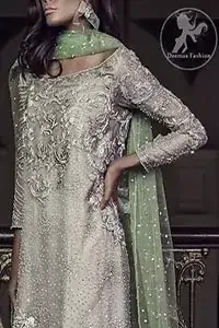 Light Fawn Party Wear Shirt - Cigarette Pants - Pistachio Dupatta