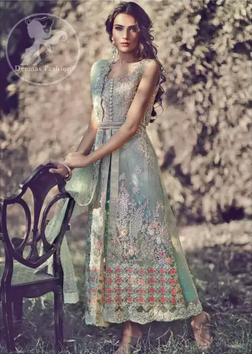 Mint Green Front Open Bridal Gown - Embroidered Dupatta