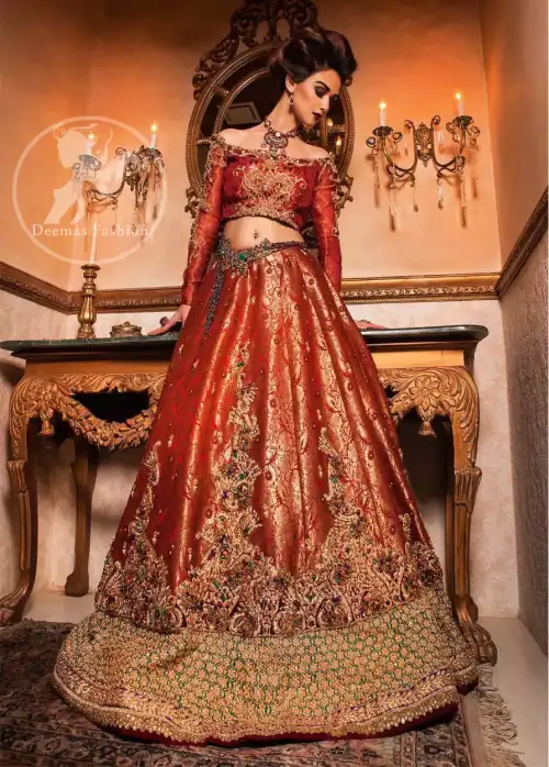 Orange Red Banarsi Bridal Lehenga - Choli