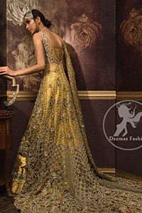 Designer Dress 2017 - Golden Front Open Back Trail Gown - Bridal Lehenga