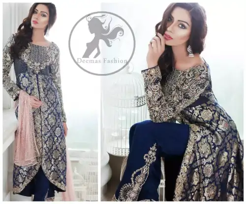 Navy Blue Front Open Back Trail Gown - Embroidered Cigarette Pants