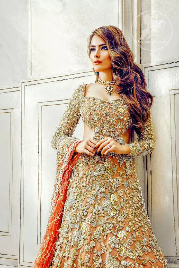 South Asian Bridal Dress - Peach Back Train Maxi- Embroidered Lehenga
