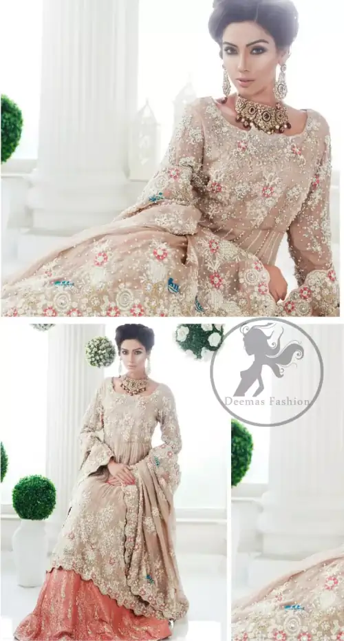 Pakistani Bridal Dress 2017 - Light Fawn Back Trail Frock - Peach Jamawar Lehenga