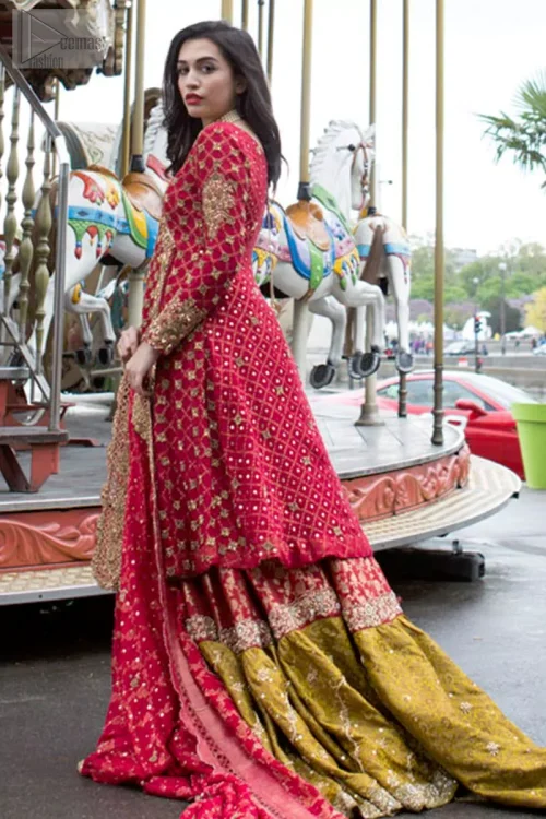 Cardinal Pink Angrakha Style Gown - Tea Pink Mehndi Green Gharara