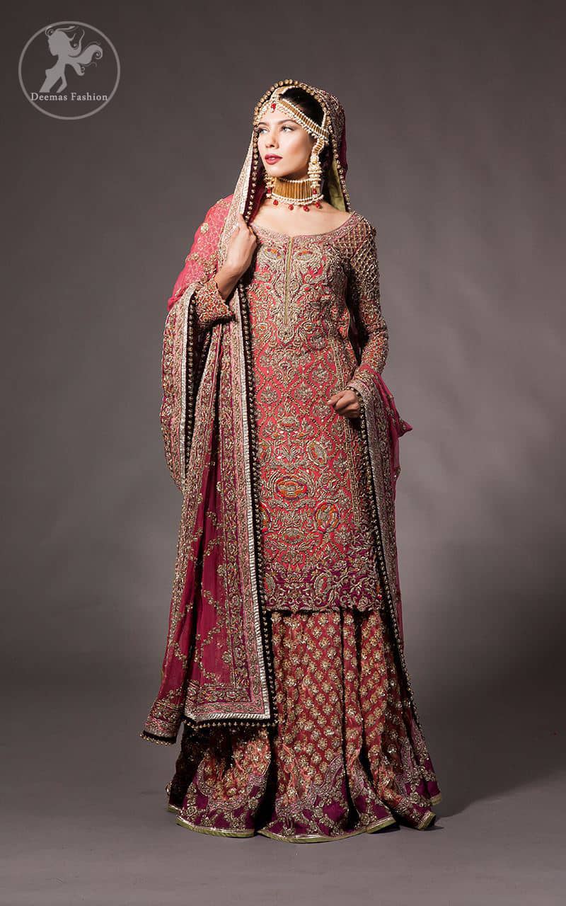 Tea rose fully embellished shirt with plum applique border on hemline. Plum dupatta adorned with tea rose and silver appliques having black finishing. Tea rose fully embellished lehenga with small motifs having plum applique border on hemline.