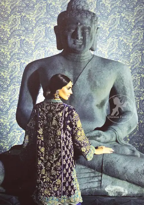 This classic shirt is reflecting exuberant colours. Kurta style shirt meticulously highlighted with antique kora, dabka, pearls and sequins. It