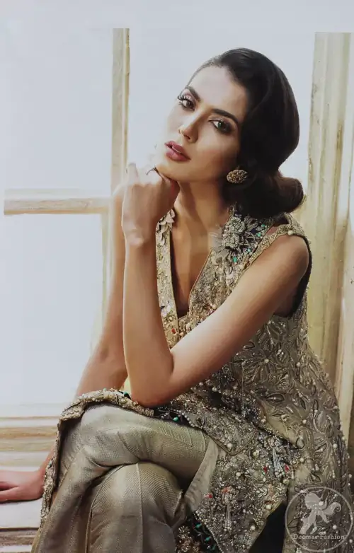 Grey olive floral embroidered high and low front open short frock. Frock is finessed with kora, dabka, pearls, sequins and