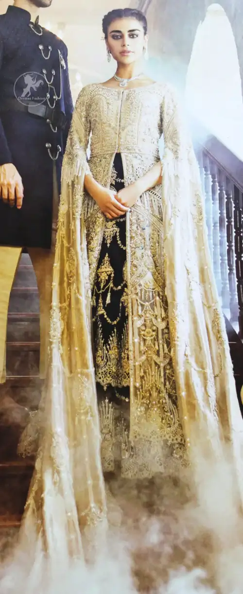 An ivory front open tissue shirt with heavy embroidery decorated with dull golden and champagne kora, dabka, tilla, naqshi, sequins