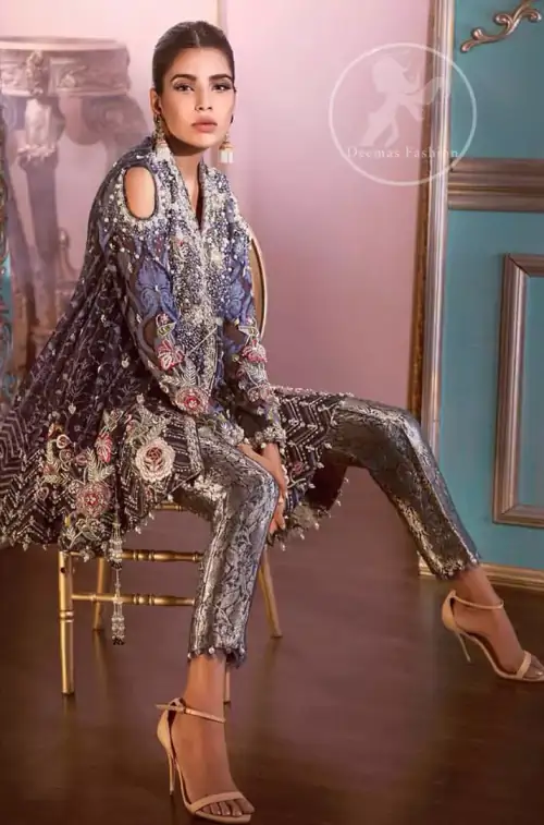 Hobart Blue Angrakha Style Short Frock Brocade Trousers