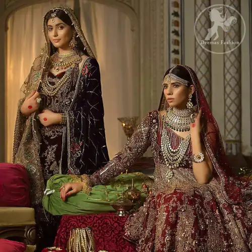 This maroon angrakha frock heavily embellished in the front with silver gold kora dabka, kundan and stones work. One side