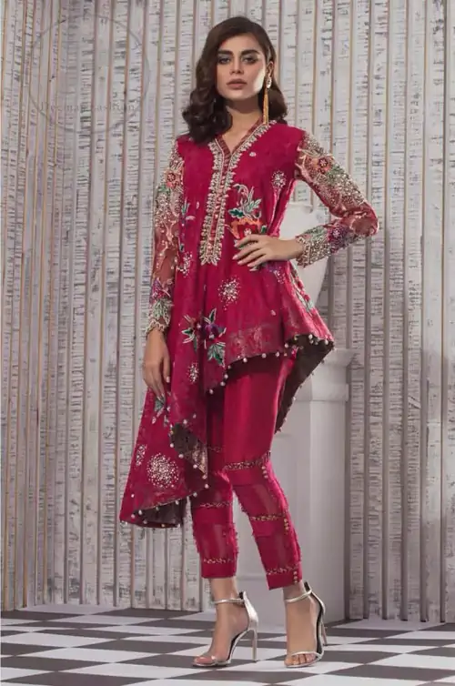 This outfit is embellished with resham thread. It is meticulously highlighted with kora dabka tilla sequins and pearls. Sleeves are