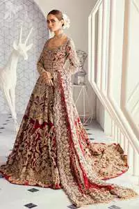Look alluring in this floor length frock embellished with kora dabka, tilla, swarovsky and pearls. It has intricate embroidered motifs and detailed bodice. The border on the daman is enhanced with embellished floral pattern detailing that instantly draws attention. Heavy back trail frock adds to the look. It comes with matching pajama. It is paired up with heavy embroidered dupatta.