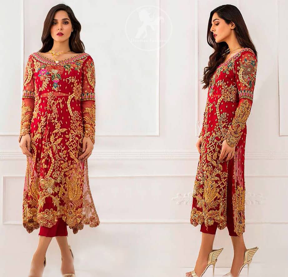 This dress is beautifully sculptured with floral embroidey, adorned with cutwork borders, colorful embellishments and zerdozi work. The detailed scalloped border gives a perect ending to this shirt. Having full length sleeves and small sprinkled motifs on ground. Paired up with red capri pants and comprises with red dupatta.