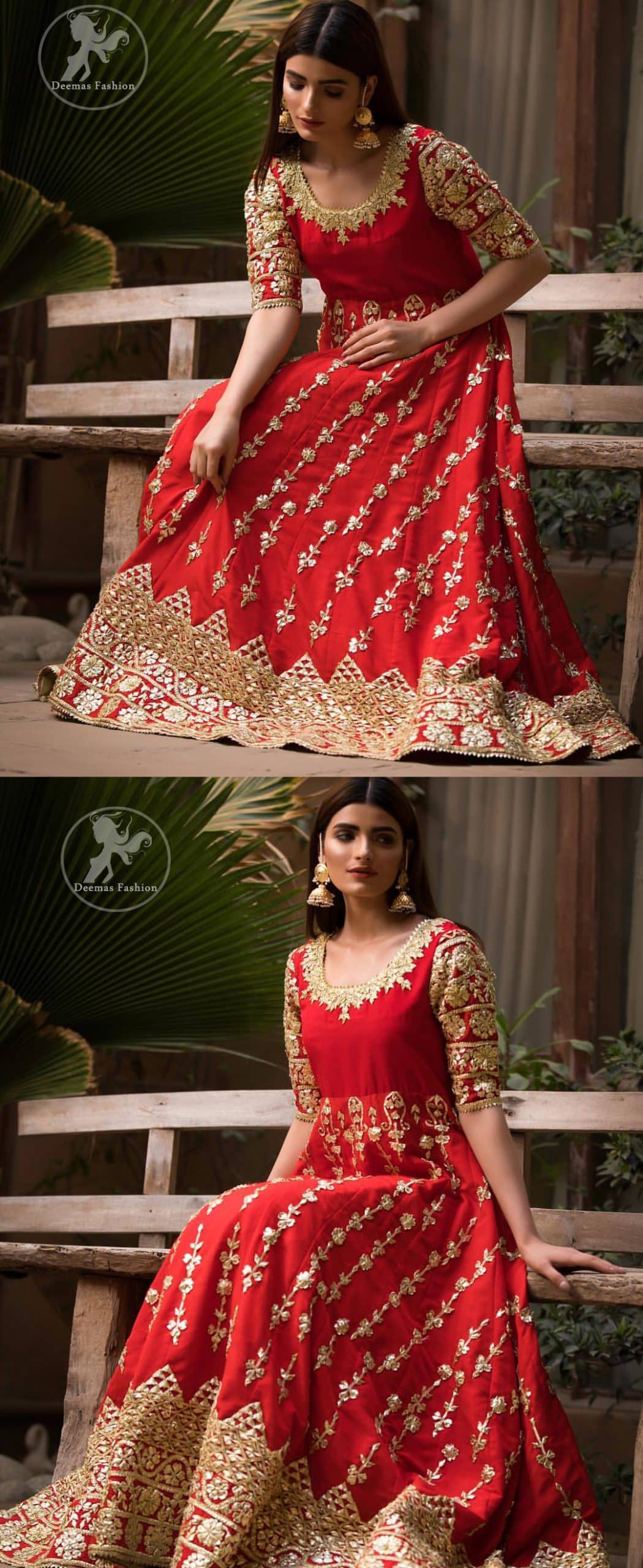 Exude elegance and class in this anarkali frock finessed with beautiful hand crafted embellishment. Embellished neckline and three quarter sleeves enhanced the look. It is further enhanced with verticle styled lines done with golden gotta work. It comprises with detail on bottom. Paired up with churidar pajama and ivory dupatta which is having embroidered border on sides.