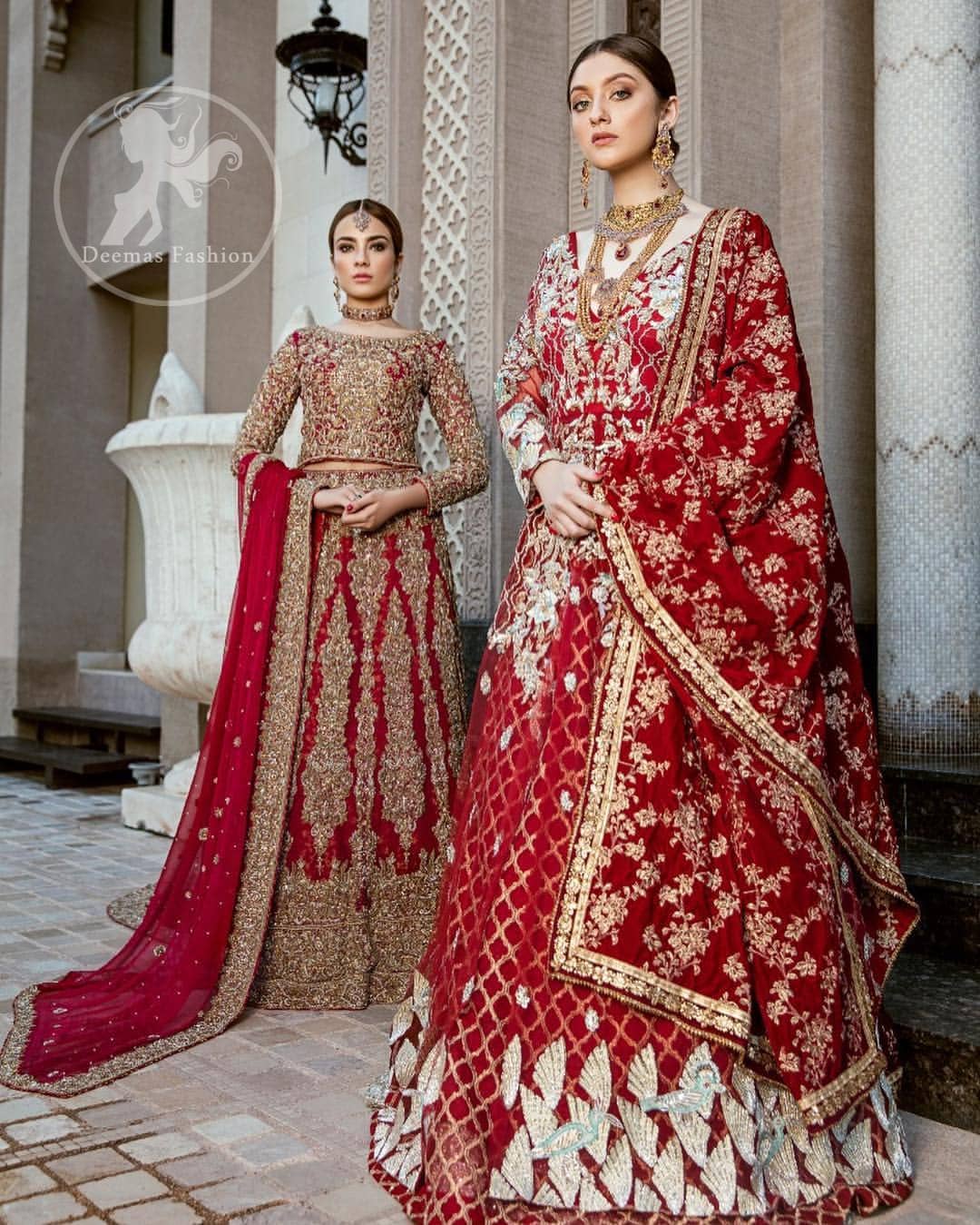 Delicately crafted and personifying chic elegance with an element of grandiose. Heavily embellished in the front with intricate embroidered pattern done with dull golden kora, dabka, kundan, tilla and sequins. The lehnga with embroidered motifs pattern all over and finished with thick kora and dabka borders completes the look. It is coordinated with tissue dupatta which is sprinkled with sequins all over it. It is further furnished with four sided embroidered border.