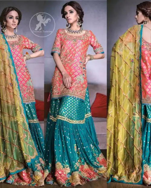 Our tea rose shirt with exquisite embellished neckline and back neckline in kora, dabka sequins and intricate thread work. The