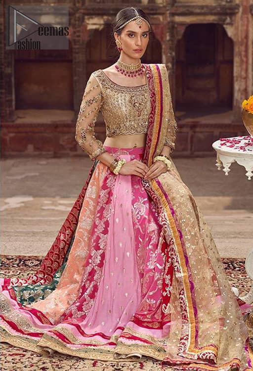 Make your special day more interesting with this shabby chic statement intensified with rich thread and tilla work all over the front, a large motif in the center and bold patterns at the end of blouse. Having full length sleeves adorned with floral bootis. Add some super cool twist to your look with these subtle colors in this lehenga enhanced with different color panaels. The bottom of the lehenga is adorned with applique and laces. Style it up with golden dupatta adorned with four sided applique border and scattered sequins all over.