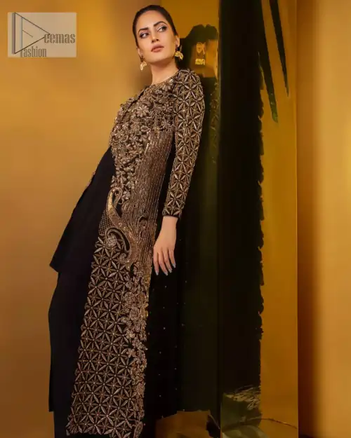 Perfected with antique gold and dark antique embellishments this black velvet ensemble is timeless masterpiece in to a chic fantasy.