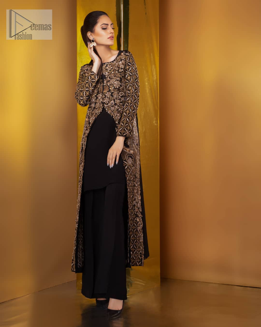 Perfected with antique gold and dark antique embellishments this black velvet ensemble is timeless masterpiece in to a chic fantasy. Delicately crafted with zardosi, kora, dabka, tilla, sequins and pearls. Furthermore it is adorned with geometric patterns all over.  Beautifully designed sleeves is an amalgamation of geometric and floral design elements. This outfit is finished with black raw silk palazzo pants and pure chiffon dupatta.