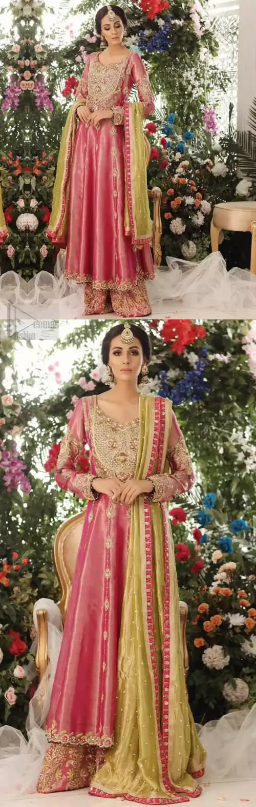 Nothing speaks of femininity and class louder than this mehndi outfits for bridesmaids. This beautiful mehndi dress comes with anarkali