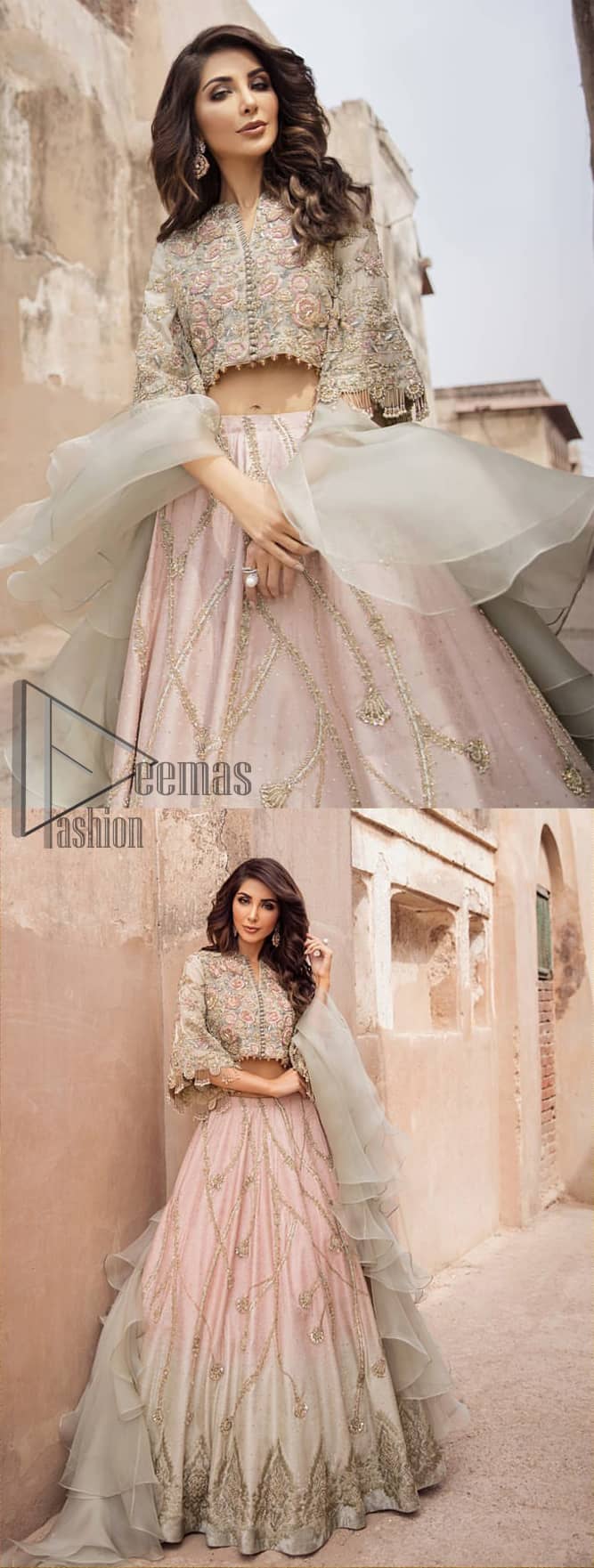This artisanal piece is rendered in grace and timelessness. An example of beauty and elegance. Look breathtakingly stylish in this embroidered regalia furnished with intricate embroidered blouse and scalp third quarter bell sleeves. It comprises with gradient lehenga having light pink and mint green colors done with zardozi floral bootis and a thick embellished bottom. Style it up with mint green organza dupatta.