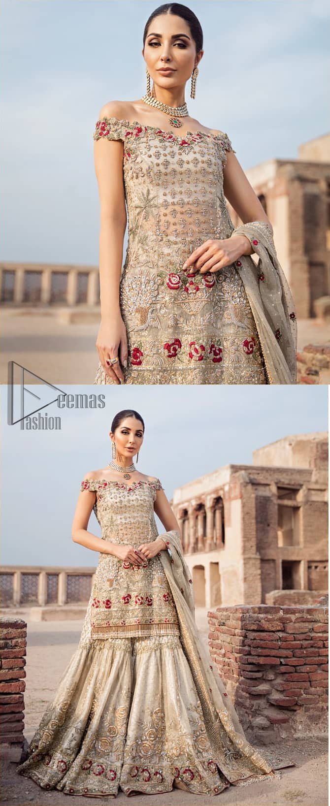 Classic and elegant, this dress is perfect for brides looking for a traditionally wedding outfit.. A perfectly pretty combination of light golden and antique embellishment, This off shoulder wedding dress is elegant and eye-catching in equal measure. This off shoulder shirt is done with zarozi detailing and vibrant floral motifs all over. Furthermore it is sculptured with different motifs like birds. It comprises with traditional handcrafted gharara. Complete the look with off white organza dupatta having four sided heavily embellished border and tassels.