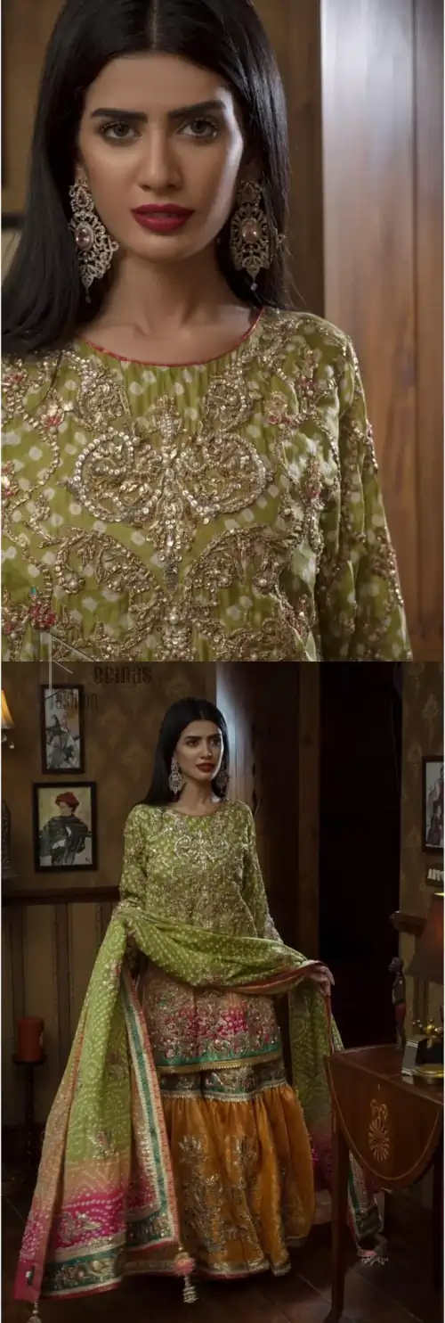 Brighten up your look with this beautiful mehndi dress comes with a beautiful parrot green shirt. This shirt is adorned